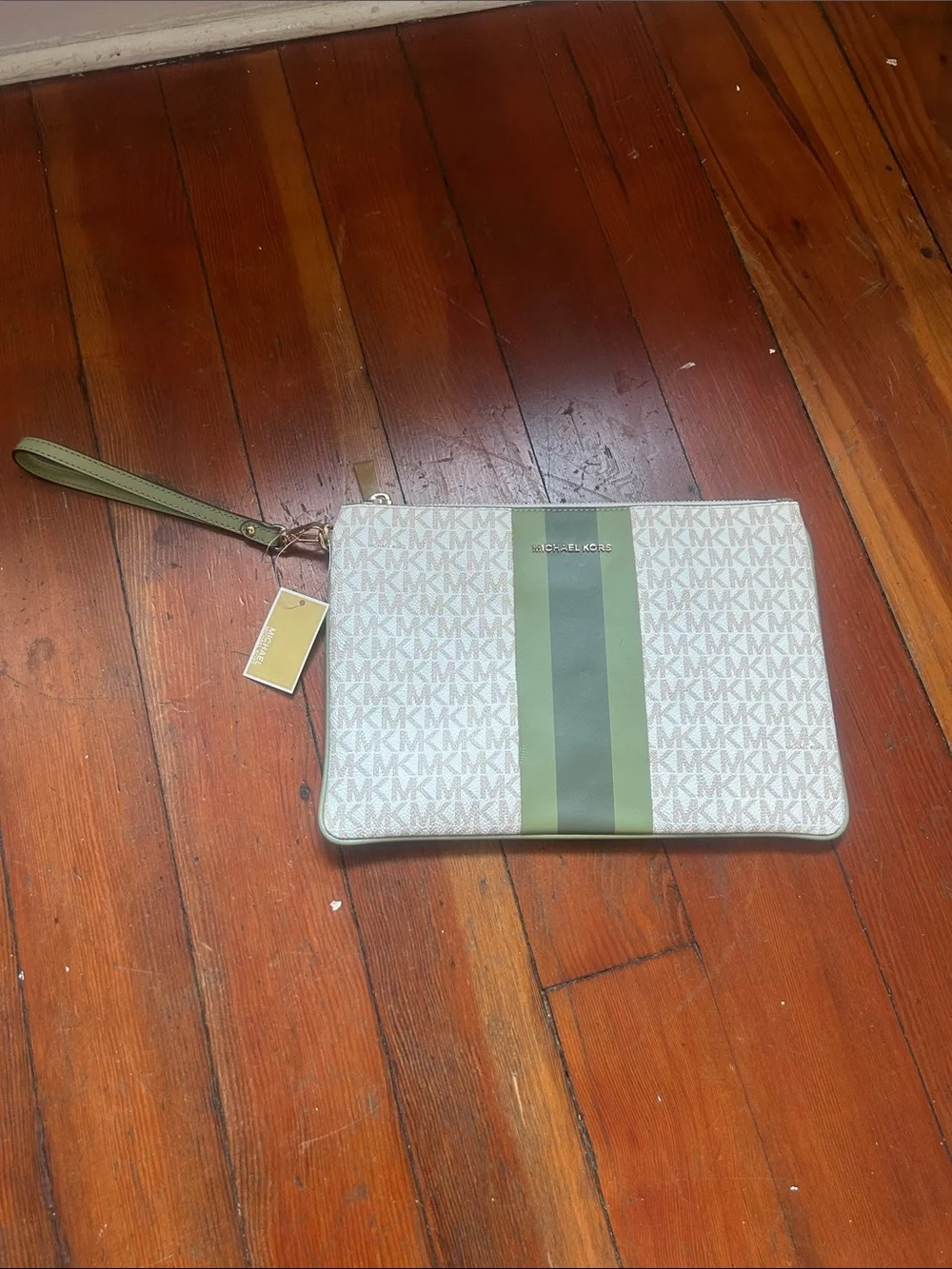 Michael Kors Cream Wristlet with Olive Center Stripe